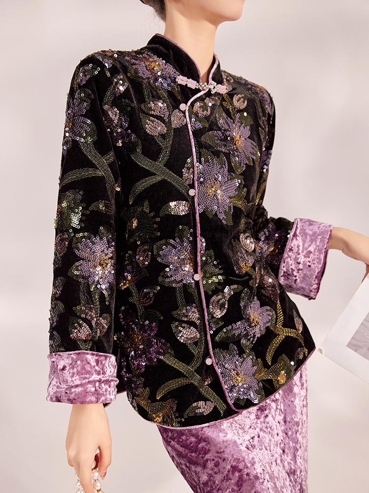 Bộ đôi áo khoác sequin thêu hoa và chân váy dài nữ dáng thanh lịch — Váy tím Mushan (Giao hàng trong 7 ngày), Váy tím Mushan (giao hàng trong ngày), Áo khoác sequin (giao hàng trong 7 ngày), Áo khoác sequin (giao hàng trong ngày)
