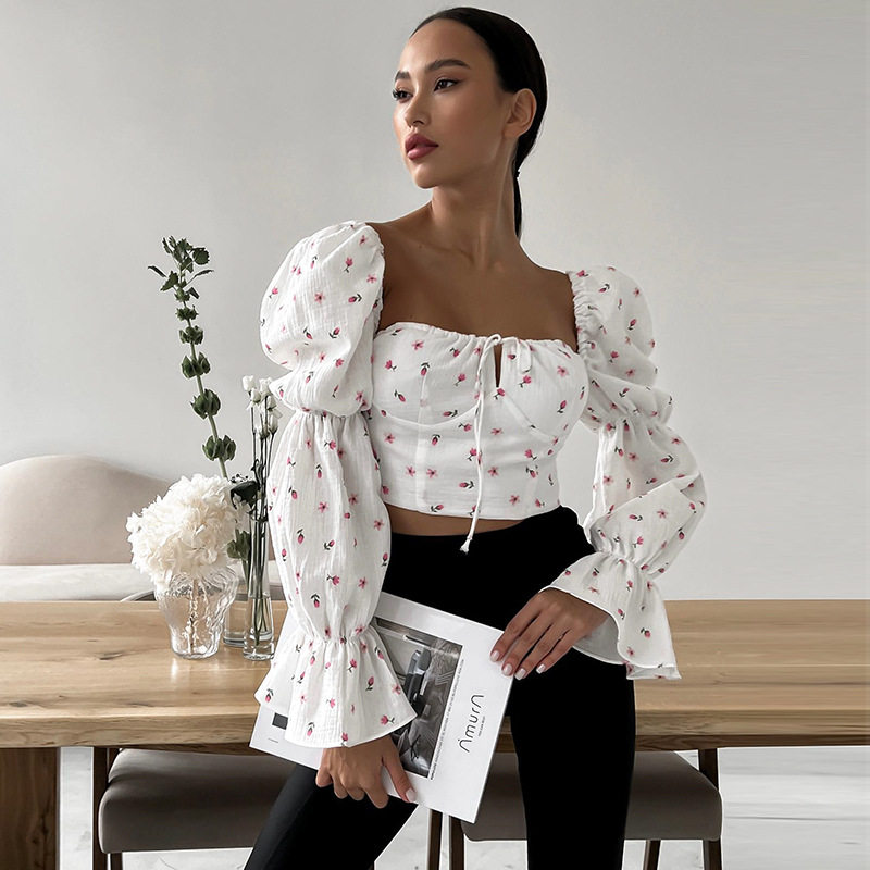 Womens Floral Crop Top Fresh Sweet French Style Puff Sleeves Square Neck Tie Detail Perfect for Spring and Autumn