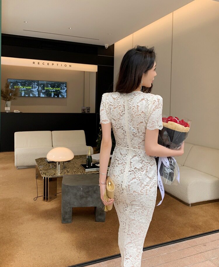 Đầm maxi ren V cổ tay loe thắt eo phong cách Pháp — Trắng chi tiết 7