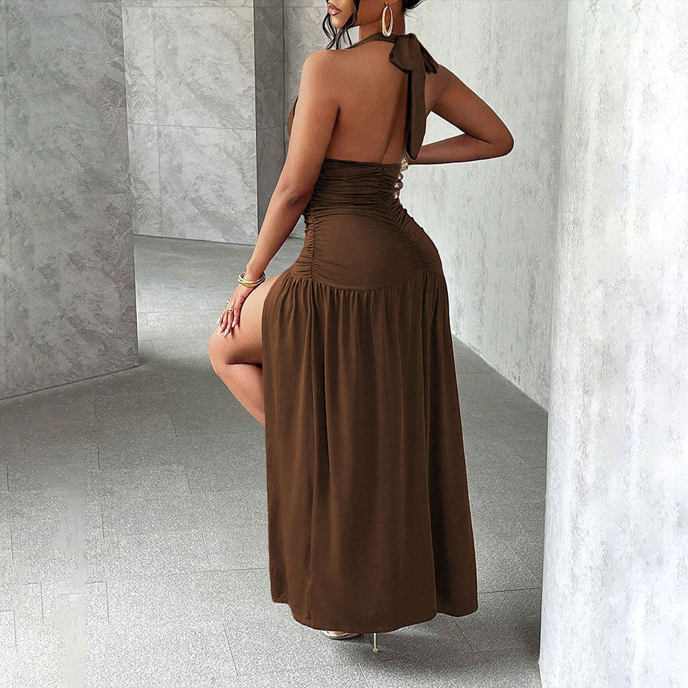 Summer Womens Maxi Dress Sexy Split Hem V Neck Waist Defining Elegant Evening Wear Wholesale Available