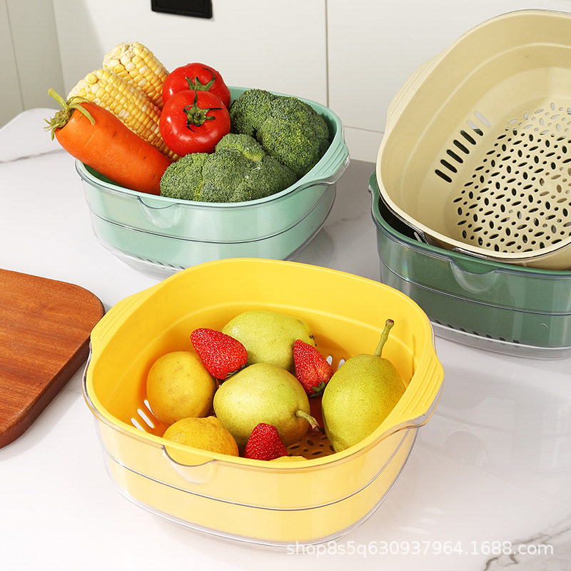PET Thickened Double-Layer Household Kitchen Draining Basket High Appearance Value Vegetable Basket Living Room Vegetable Basket Fruit Washing Vegetable Basin