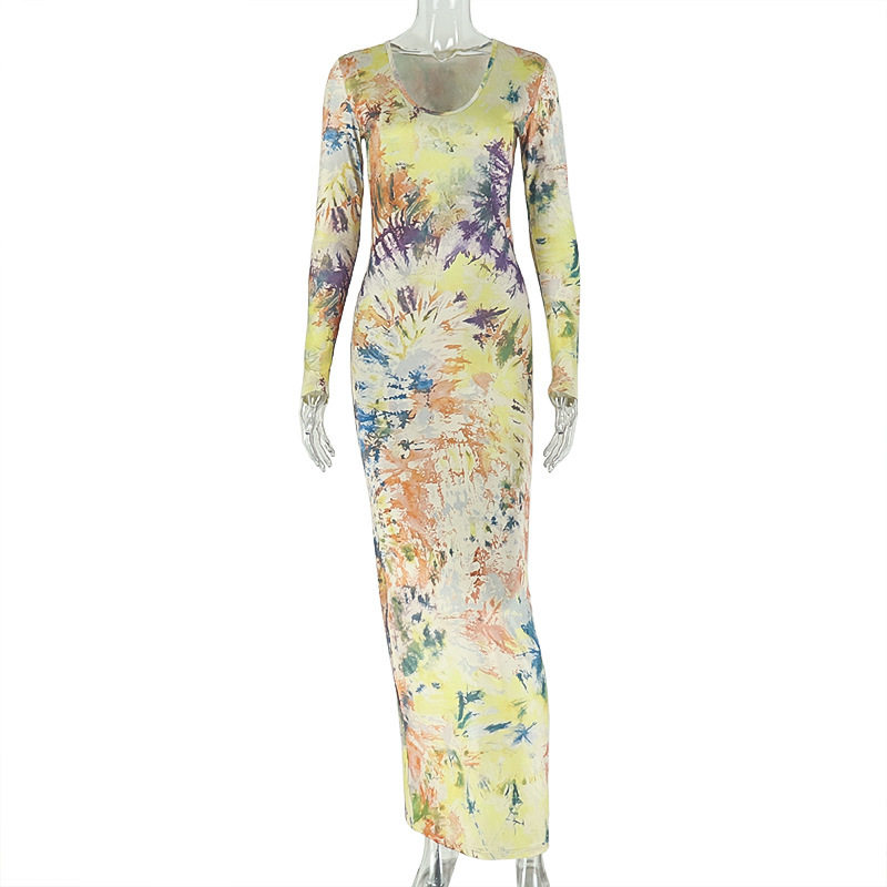 Vintage Floral Bodycon Dress for Women Long Sleeve Round Neck Slim Fit Versatile Style Perfect for Casual or Formal