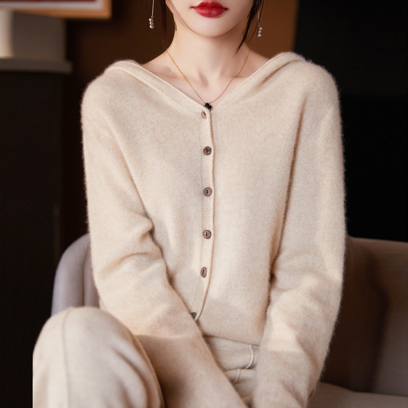 澳洲美丽诺100纯羊毛针织衫女一线成衣无缝连帽开衫羊绒毛衣外套