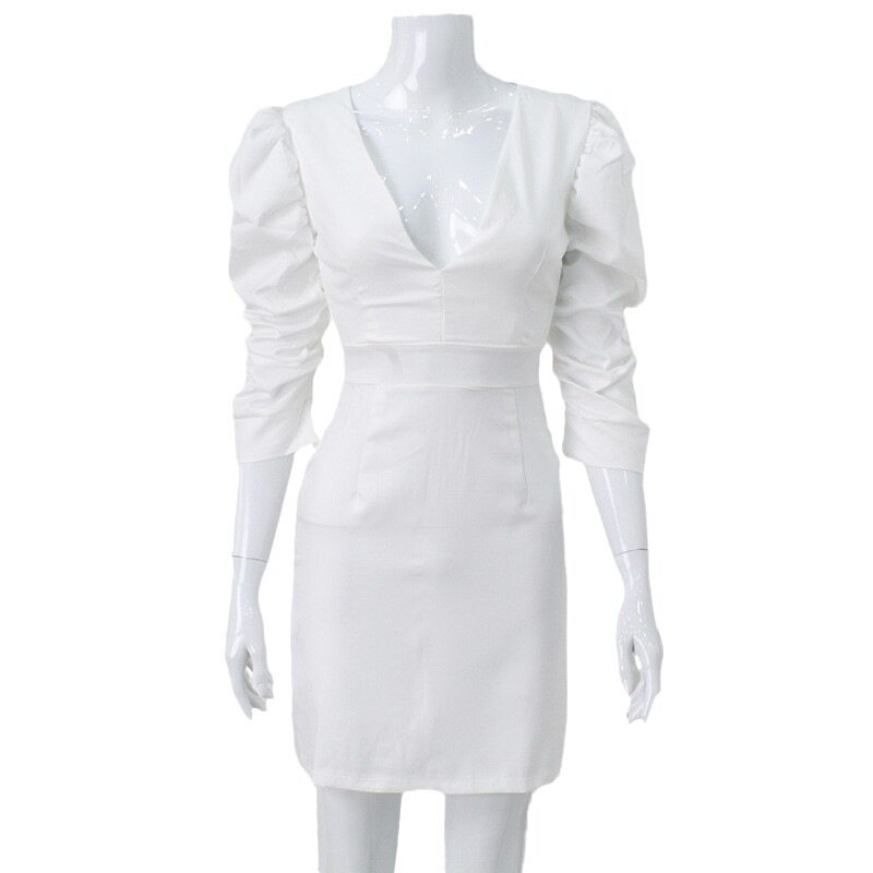 French Vintage Style White Deep V High Waist Backless Dress with Puff Sleeves Elegant Office Wear Wholesale Available
