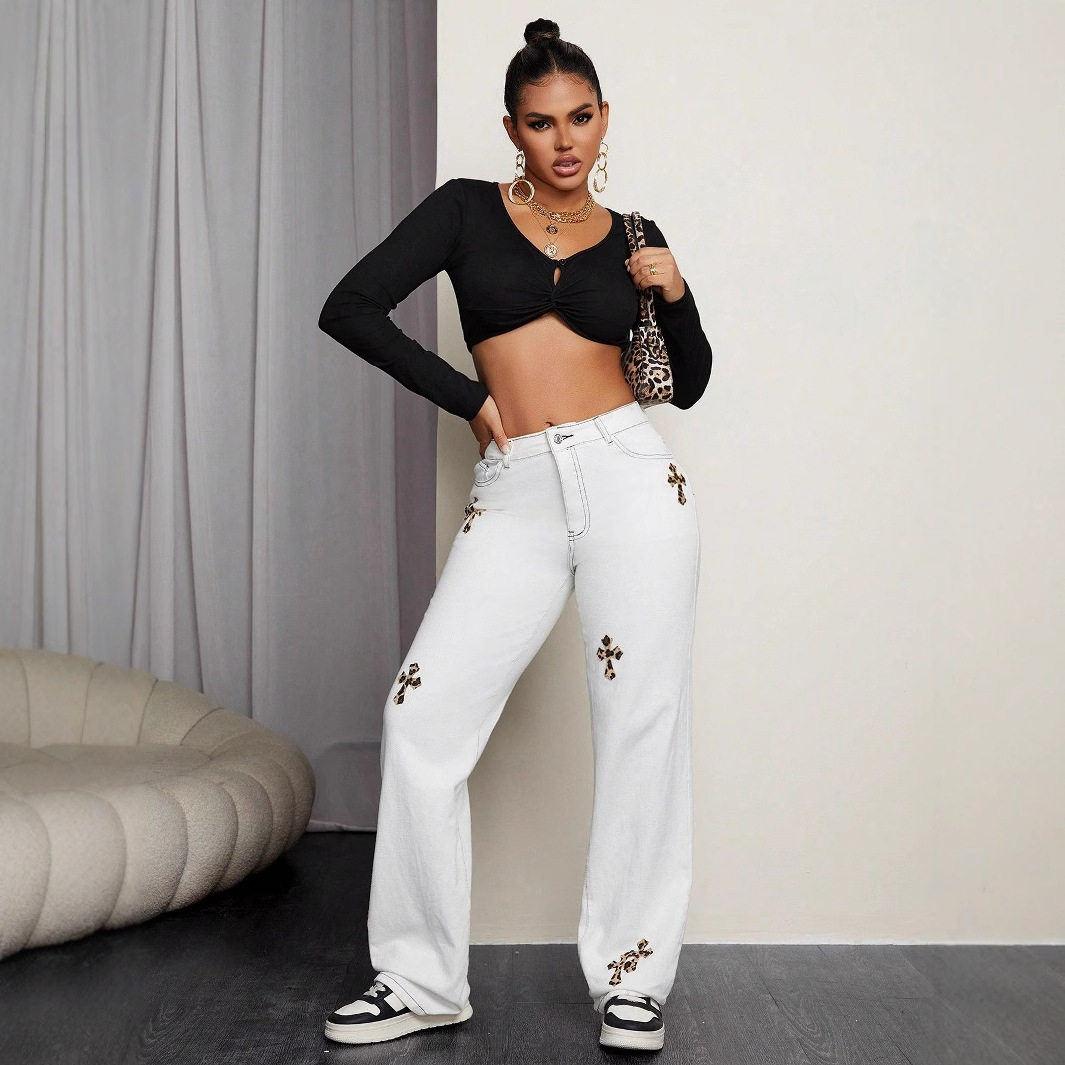Casual Leopard Print Straight Leg Jeans Womens Fashion European and American Style Perfect for Everyday Wear
