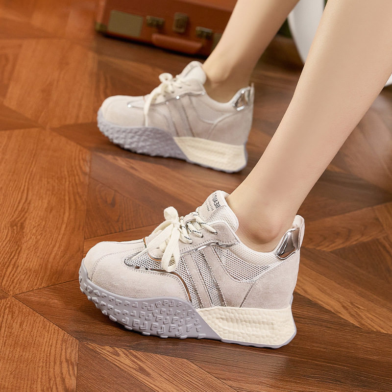 Giày sneaker nữ đế dày chunky da microfibre phong cách đơn giản, gót siêu cao 8cm — Len thuần, Vàng, Tím