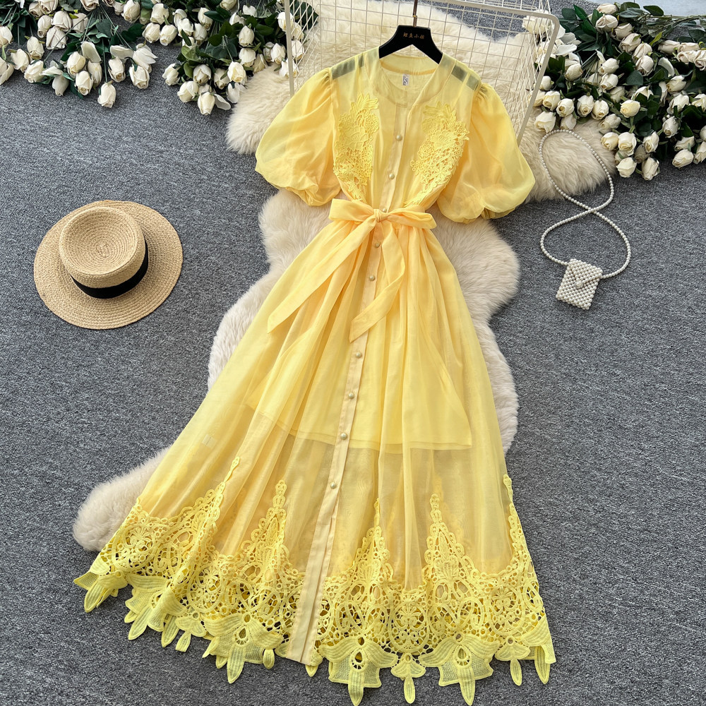 French Romantic Puff Sleeve Lace Dress for Women Breathable Skin Friendly Waist Defining A Line Summer Occasion