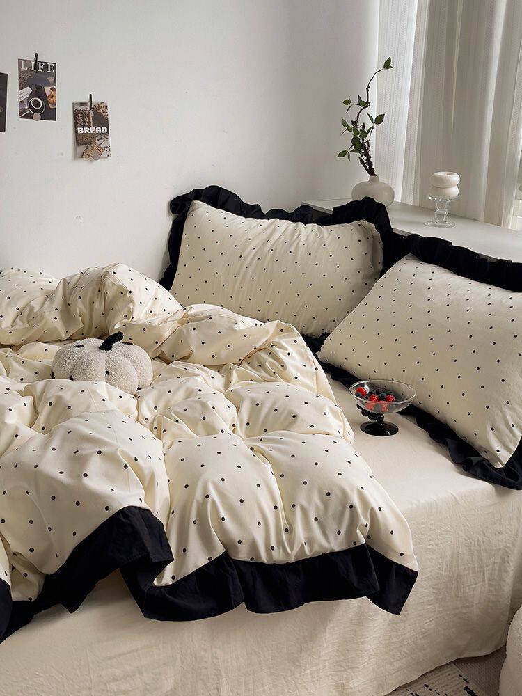 French-Style Gentle Girly Lace Polka Dot Washed Four-Piece Bedding Set Solid Color Duvet Cover Three-Piece Fitted Sheet Set Supply Chain