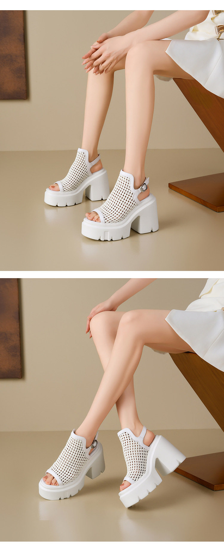 Sandal cao gót nữ hở mũi quai ngang đan chéo, gót siêu cao 9 cm — Đen, Áo khoác sáng, Trắng chi tiết 7