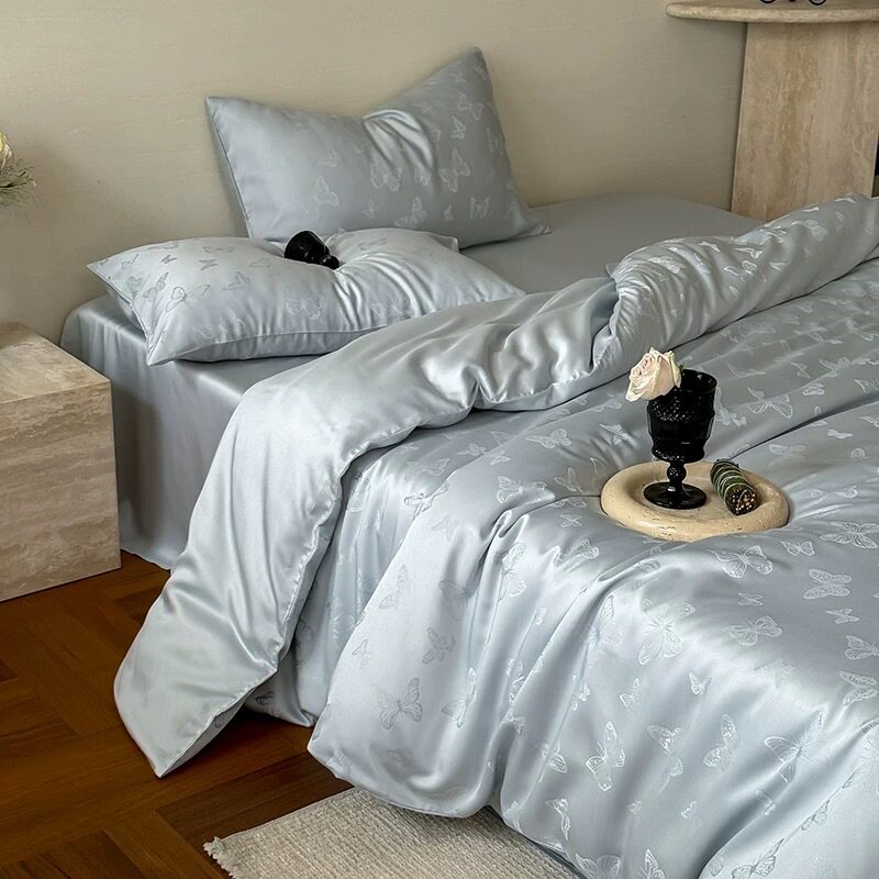 New Class A 100 Lanjing Tencel Four-piece Set High-end Jacquard Naked Sleeping Cool Ice Silk Quilt Cover Three-piece Set