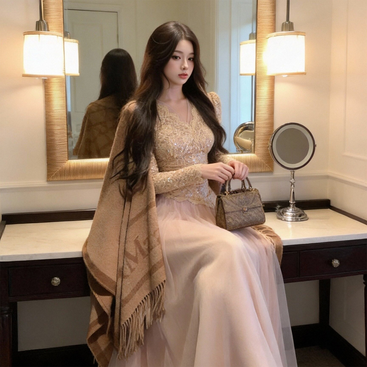 Đầm liền thân lưới xòe rộng chiết eo cổ chữ V phối ren phong cách dịu dàng thanh lịch — Màu hồng, Màu kaki
