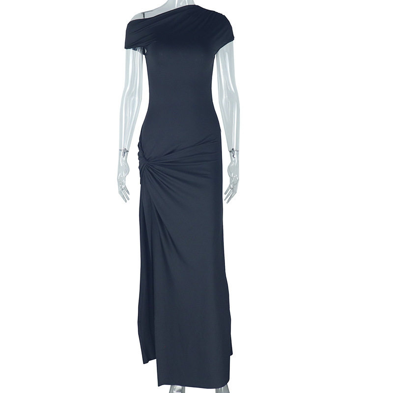 Elegant Womens Dress Solid Color Asymmetrical Hem Short Sleeve Sexy Slit Tie Detail Perfect for Parties or