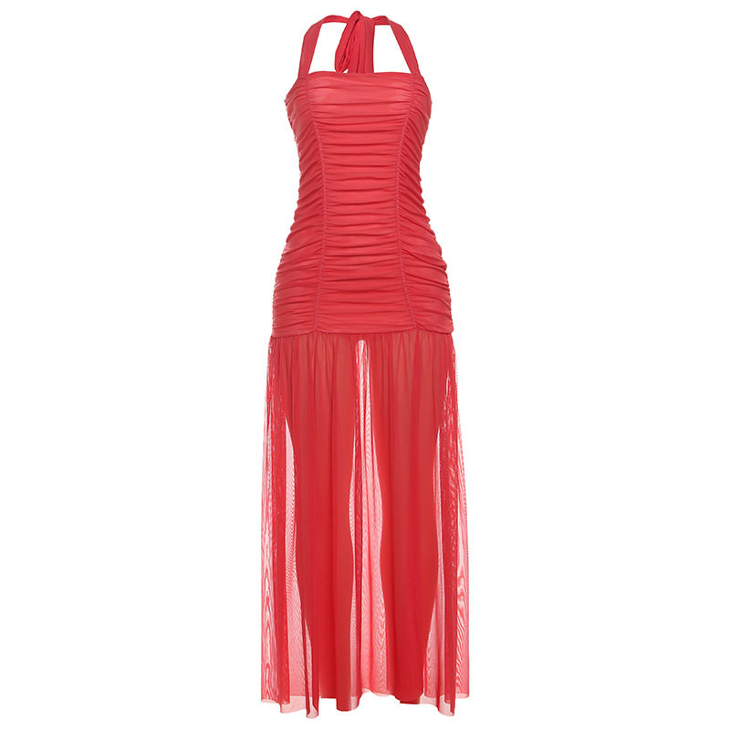 Womens Fashion Backless Ruched Layered Dress Stylish Halter Neck Slim Fit Elegant Design Perfect for Autumn Events