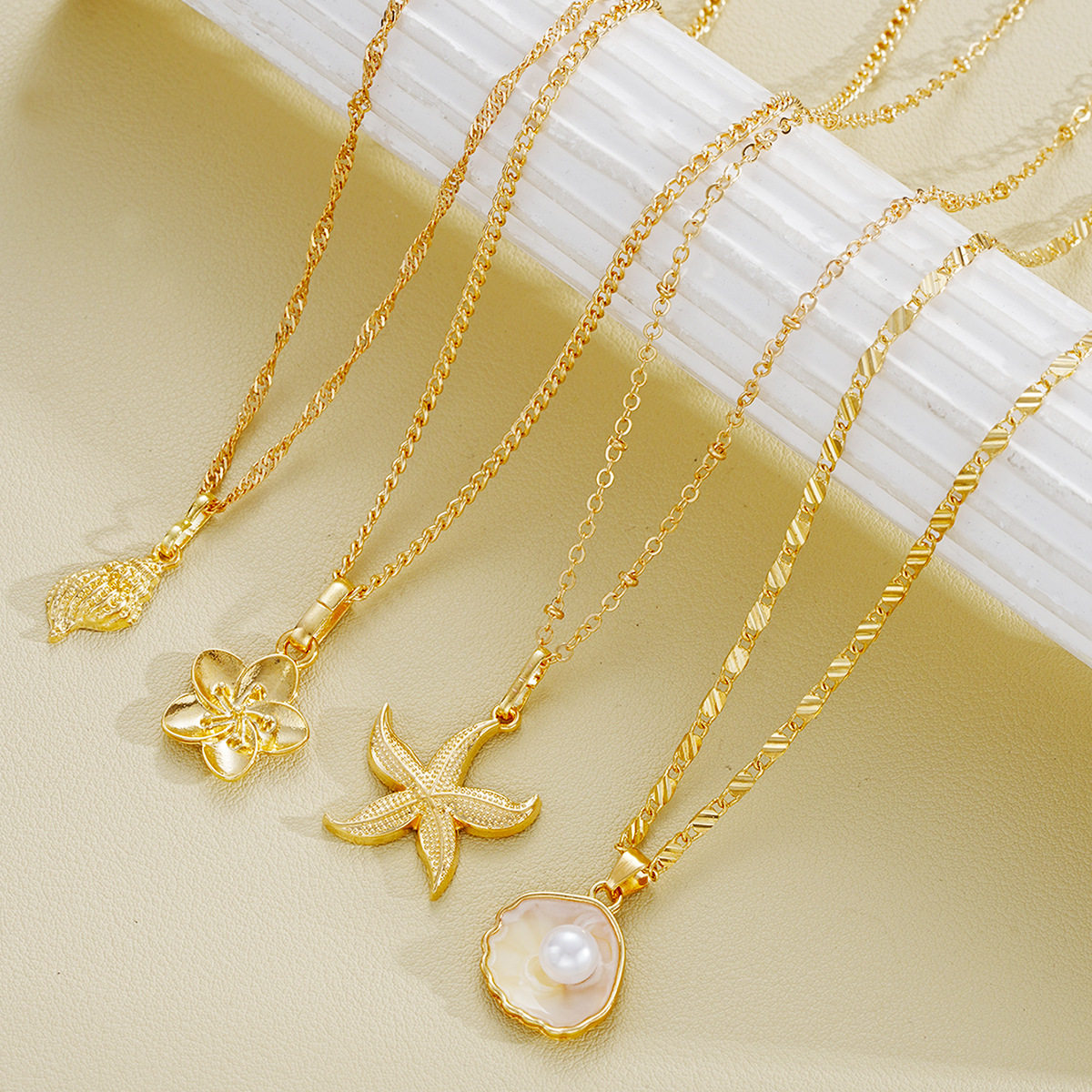 European and American Cross-Border Jewelry Ins Style Starfish Pearl Flower Necklace Set Conch Scallop Flat Snake Chain Necklace Set