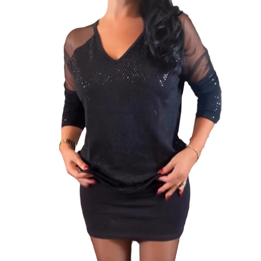 Sequin Bodycon Dress V Neck Long Sleeve Solid Color Elegant Style Perfect for Parties and Night Out Wholesale