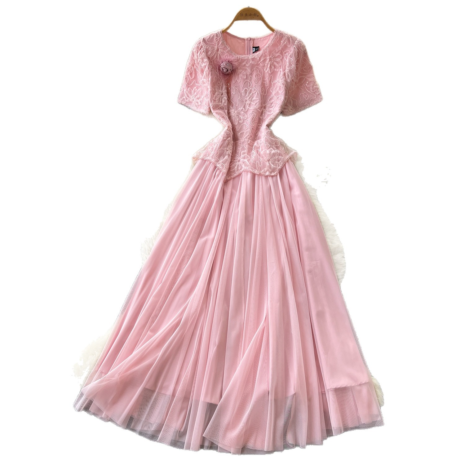 Pink Lace A Line Dress for Women Slim Fit Sheer Mesh Elegant Style Perfect for Summer Commute Wholesale Available