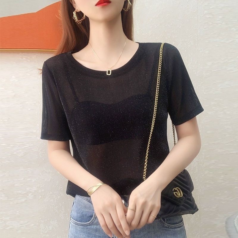 Sheer Mesh T Shirt for Women Short Sleeve Loose Fit Ice Silk Fabric Casual Layering Top for Everyday Wear Wholesale
