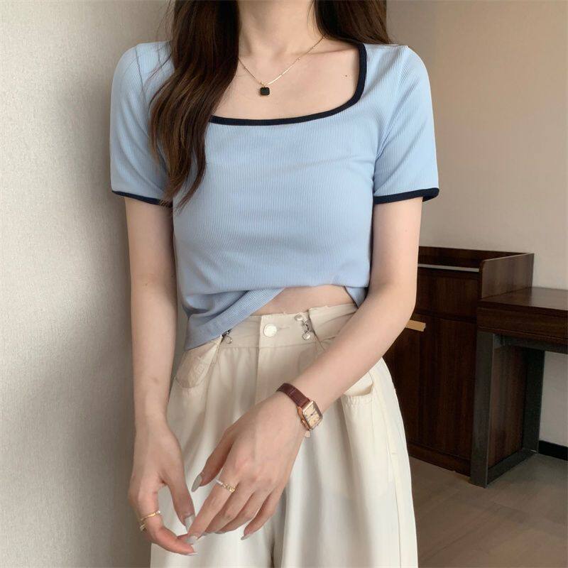 Plus Size Womens Short Sleeve T Shirt Square Neck Slimming Fit Comfortable Fabric Spring and Autumn Layering