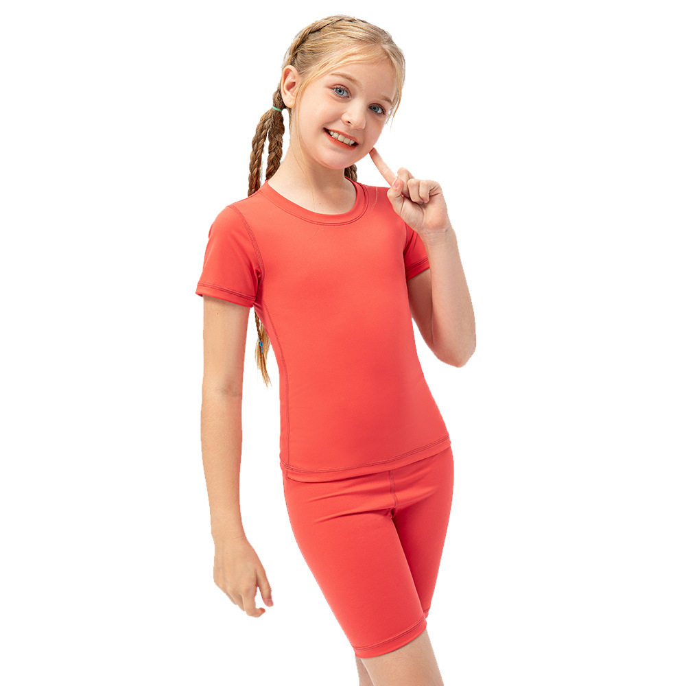 New Girls' Summer Sports Short-sleeved Skin-friendly Breathable Children's Dress Dance Yoga Training Top T-shirt 23207