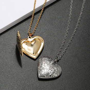 Cross-Border Popular DIY Accessories Photo Box Heart-Shaped Engraved Pattern Popular Pendant Openable Pendant Necklace Women's Jewelry