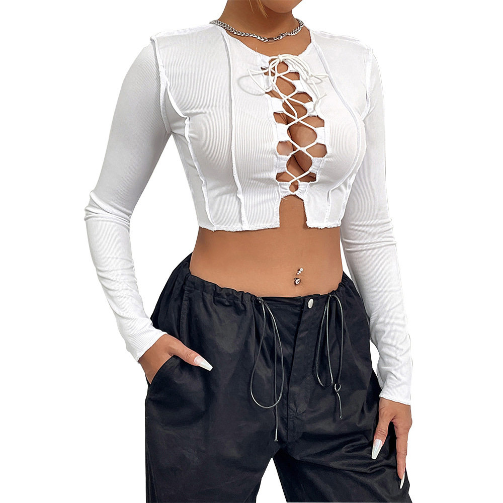 Womens Hollow Out Tie Front Crop Top Round Neck Ribbed Fabric Long Sleeve Versatile Style Autumn Winter Collection
