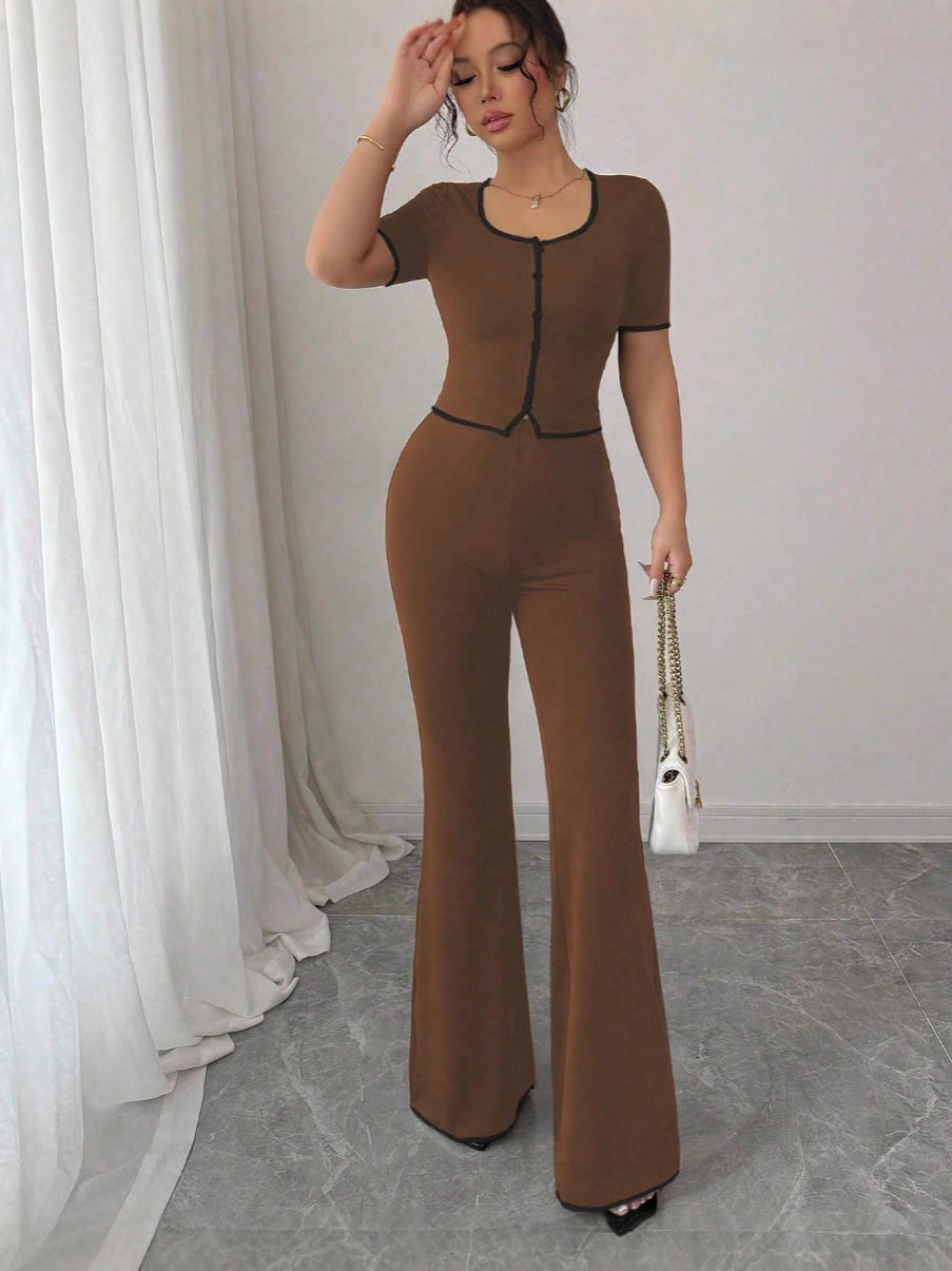 2026 European and American Cross-Border New Style Suit, Spring and Summer Elegant and Sexy Slim-Fit Round-Neck Short-Sleeve Top and Long Pants Two-Piece Set