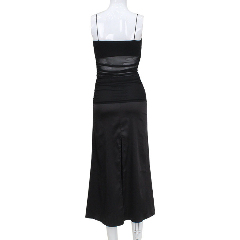 Elegant Long Split Dress French Style Mesh Splicing Slim Fit Sleeveless Perfect for Evening Events Wholesale