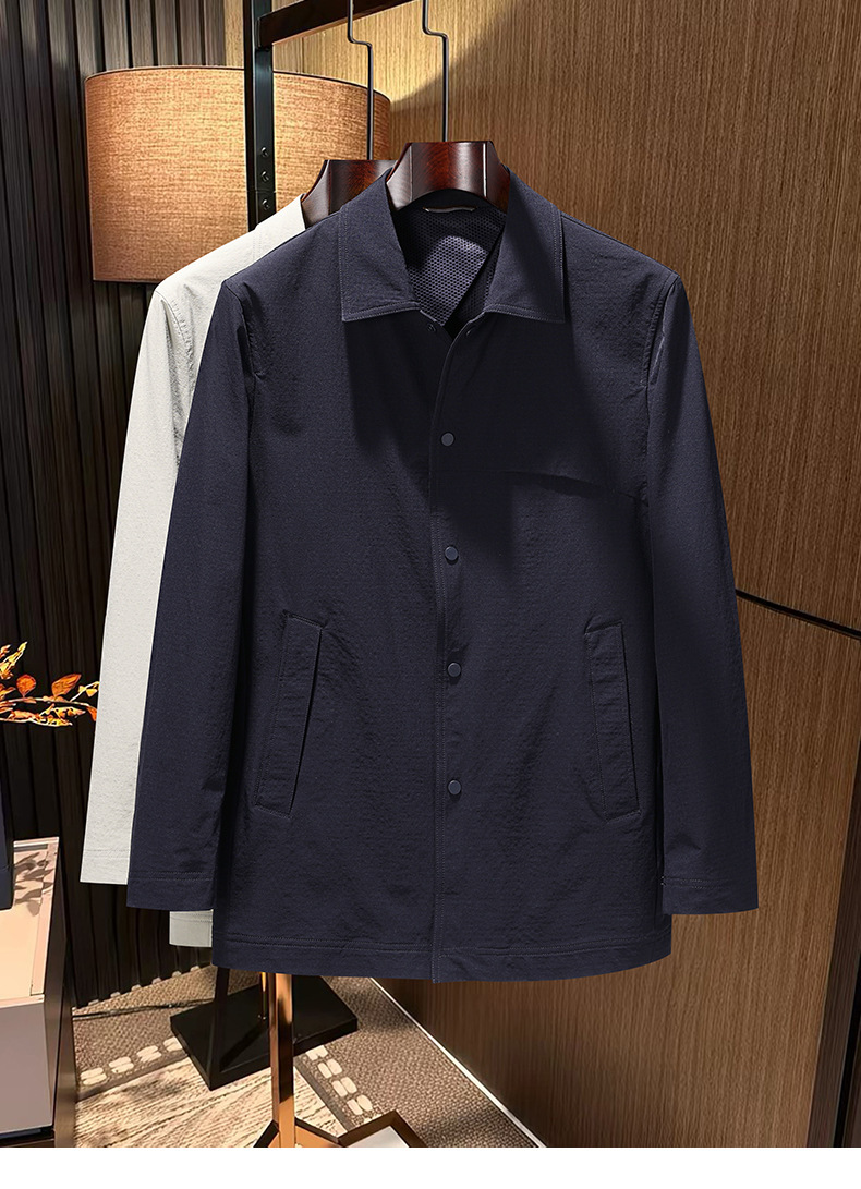Áo khoác măng tô nam dáng lửng chất liệu lụa sữa pha nylon co giãn, phong cách công sở và thường ngày — Màu be, Xanh tím than