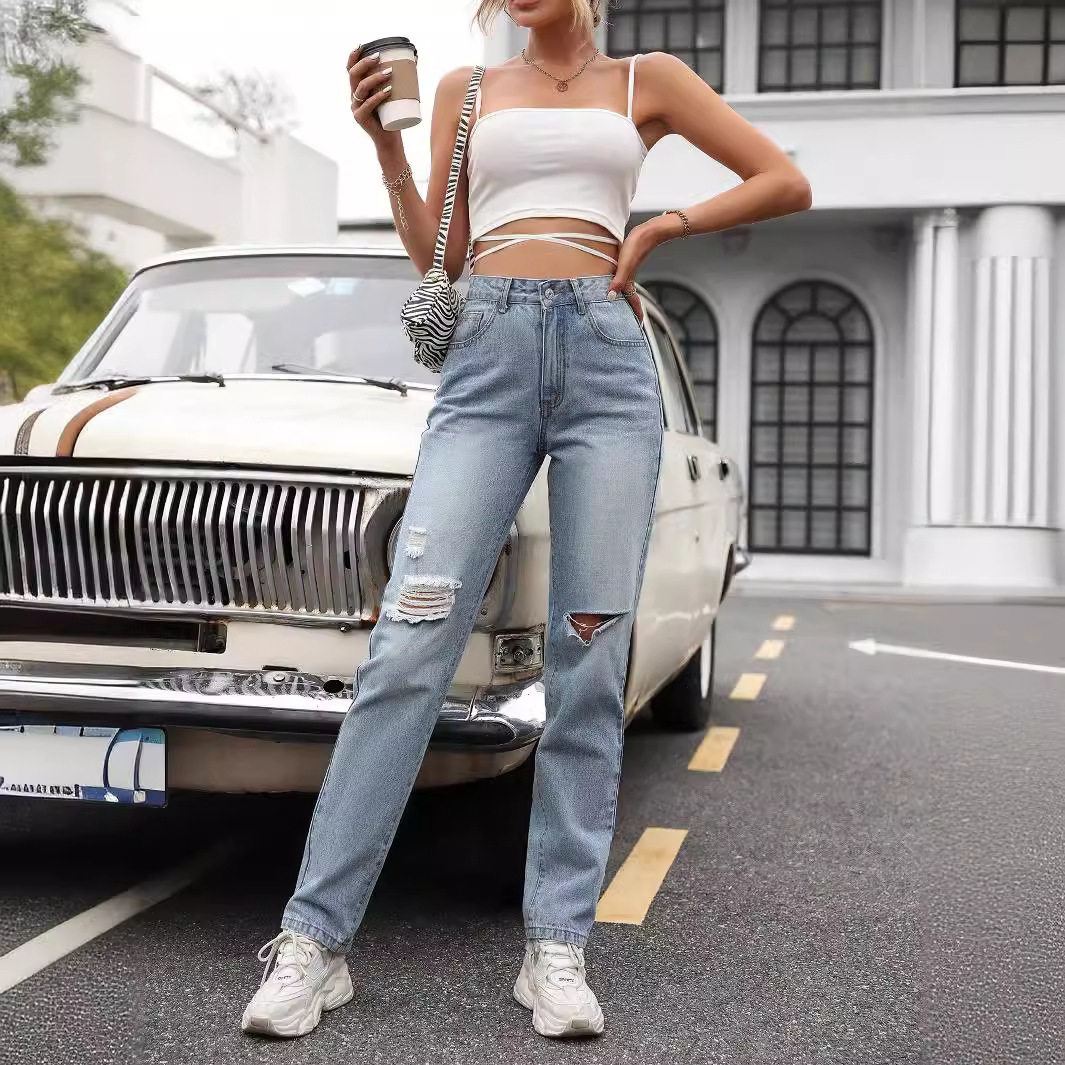 High Waisted Wide Leg Jeans Loose Fit Straight Cut Durable Denim Casual Wear for Women Wholesale Available