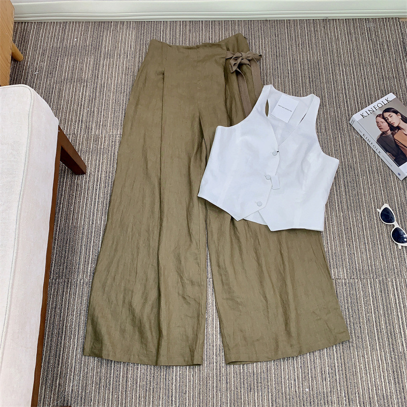 Áo vest nữ vải lanh phối quần, dáng gile không tay phong cách công sở — Ma mi-vest nguyên bản, Màu nâu thuốc lá-Áo vest, Vest trắng vải lanh, Gạo thô-Quần