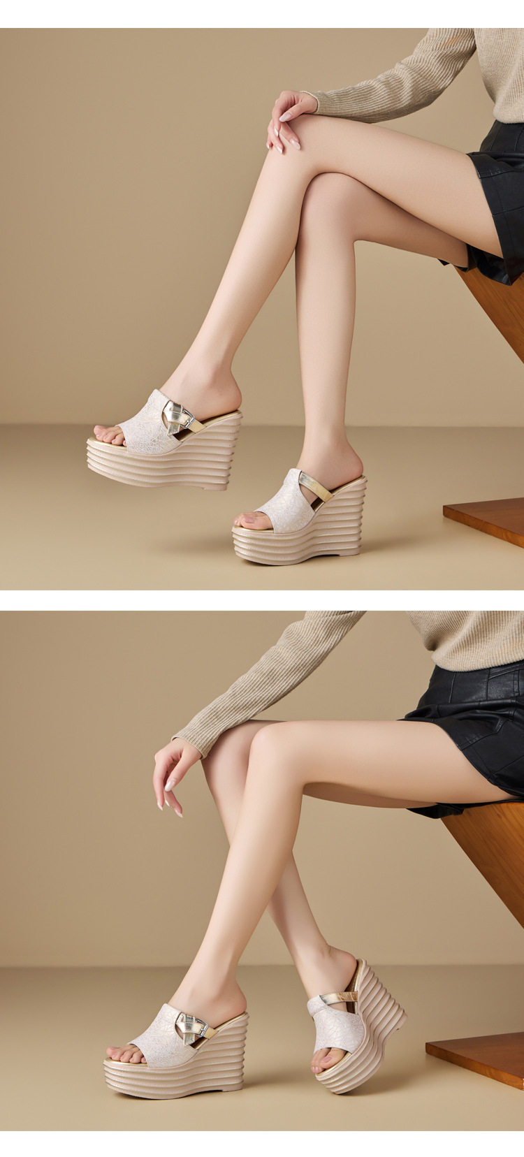 Dép sandal nữ quai chữ V da thật đế xuồng cao 12 cm — [Bạc], [Đen], [Vàng nhạt] chi tiết 3