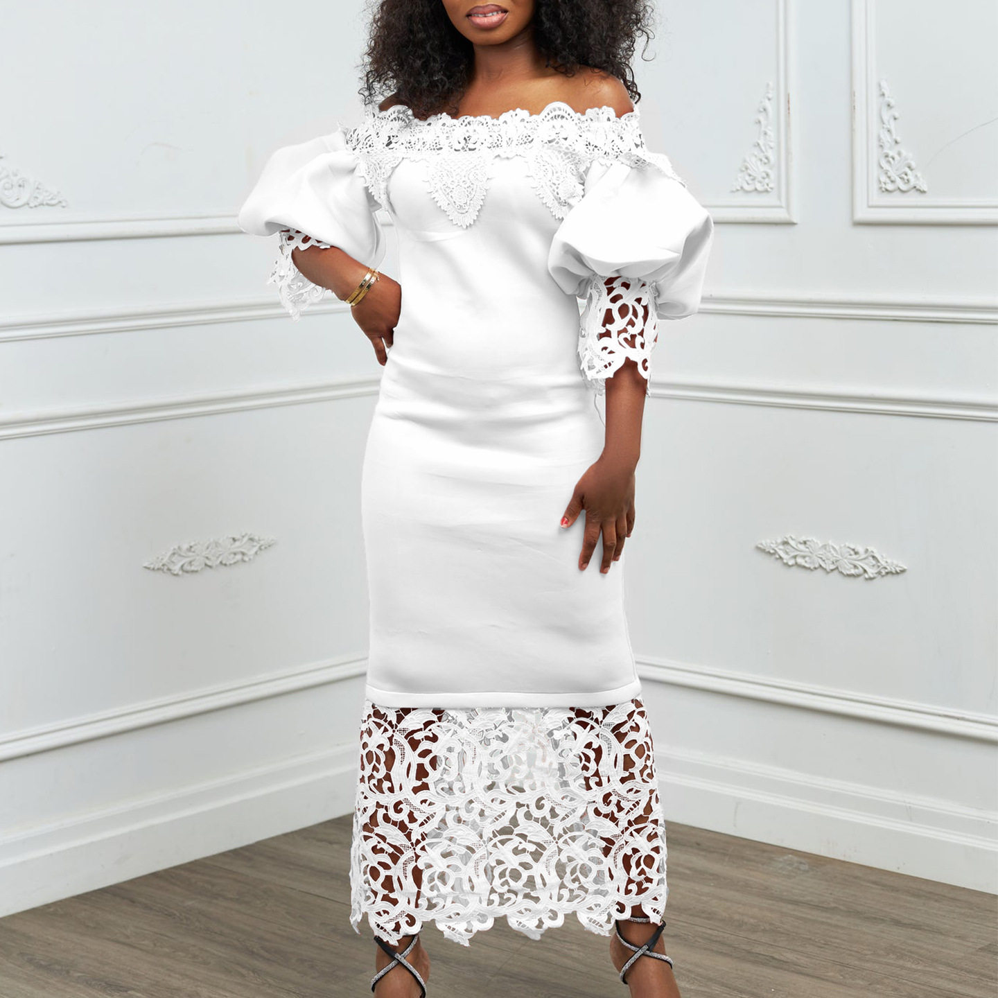 Off Shoulder Lace Trimmed Evening Dress Lantern Sleeves Elegant Design Perfect for Parties Wholesale Availability