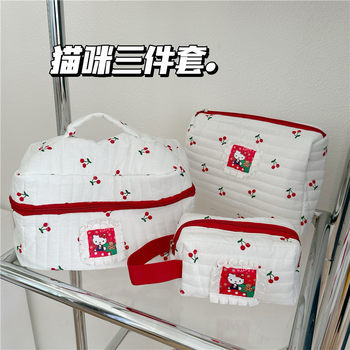 Cherry Cat Cosmetic Bag Large Capacity Ins Style Cute Cosmetics Bag Student Portable Stationery Bag Portable Toiletry Bag