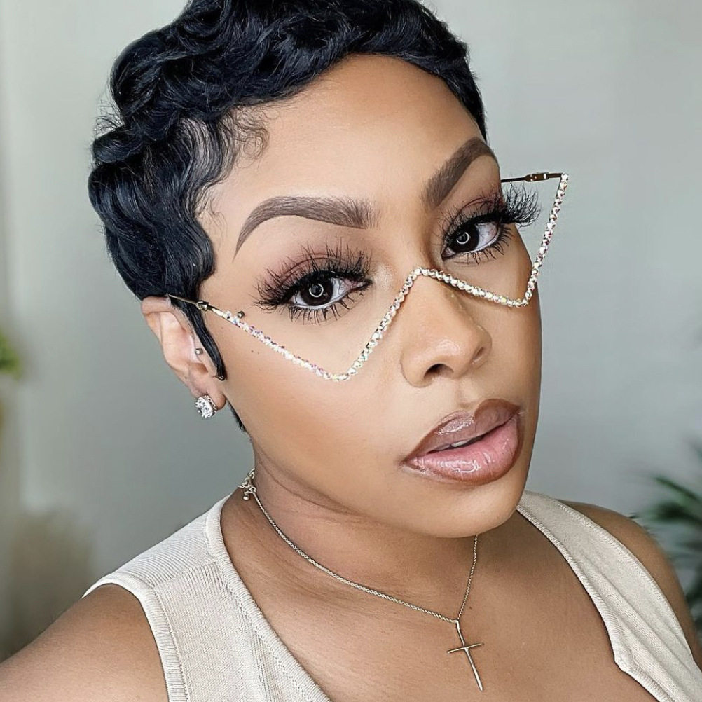 W-Shaped Personalized Pieceless Metal Diamond Glasses for Women, Trendy European and American Ins Style Half-Frame Street Photography V-Shaped Decorative Frames for Men