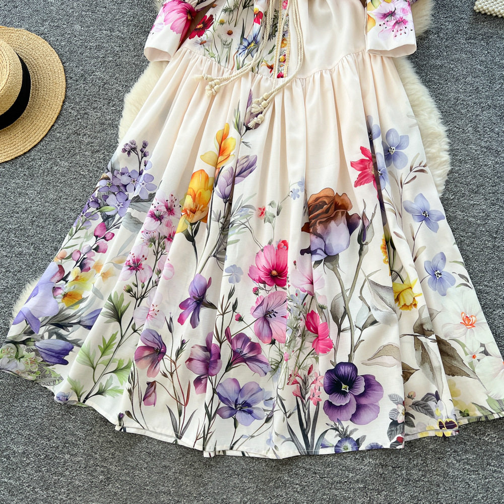 French Vintage Elegant Printed Maxi Dress for Women Autumn Collection Corset Tie Button Closure Flared Skirt
