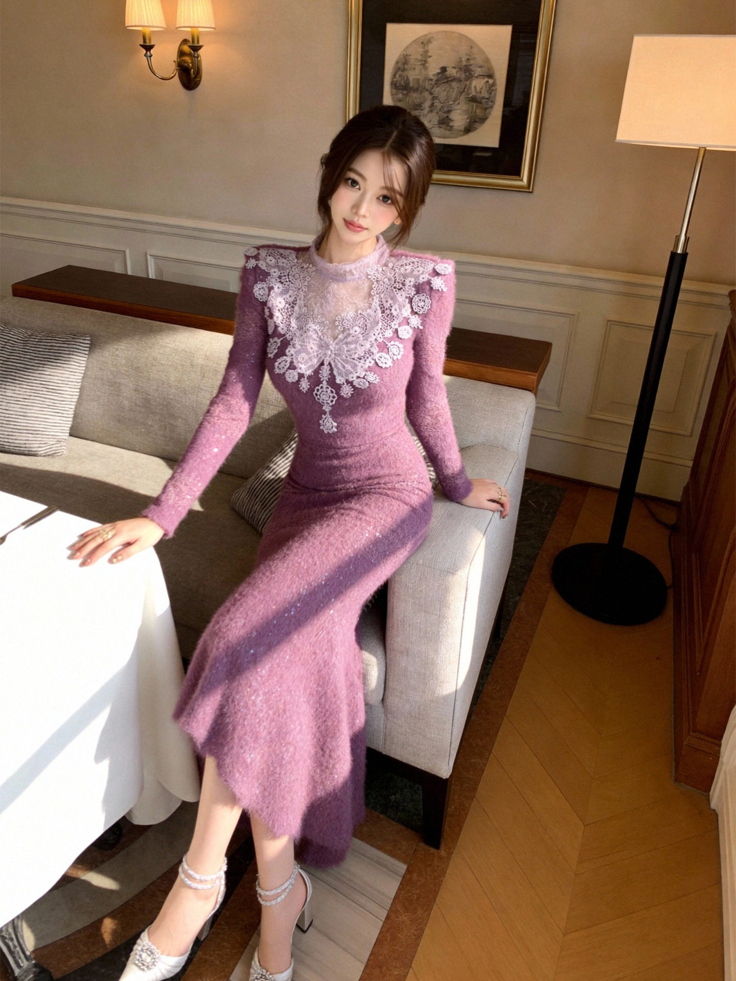 Đầm liền thân nữ cổ tròn phối ren ôm dáng đuôi cá dài — Màu tím