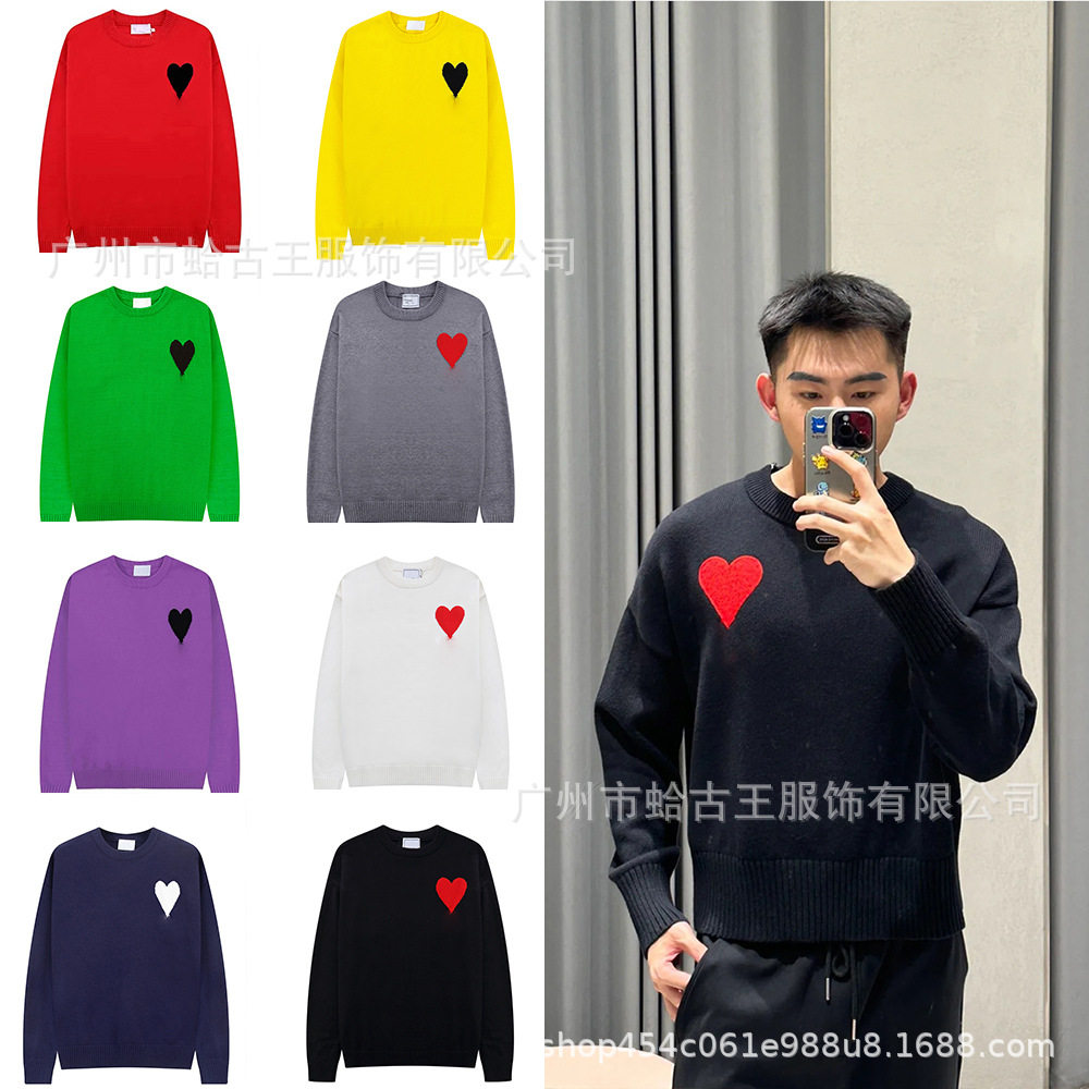 秋冬新款高领爱心毛衣男女条纹青年桃心跨境外贸休闲套头针织衫