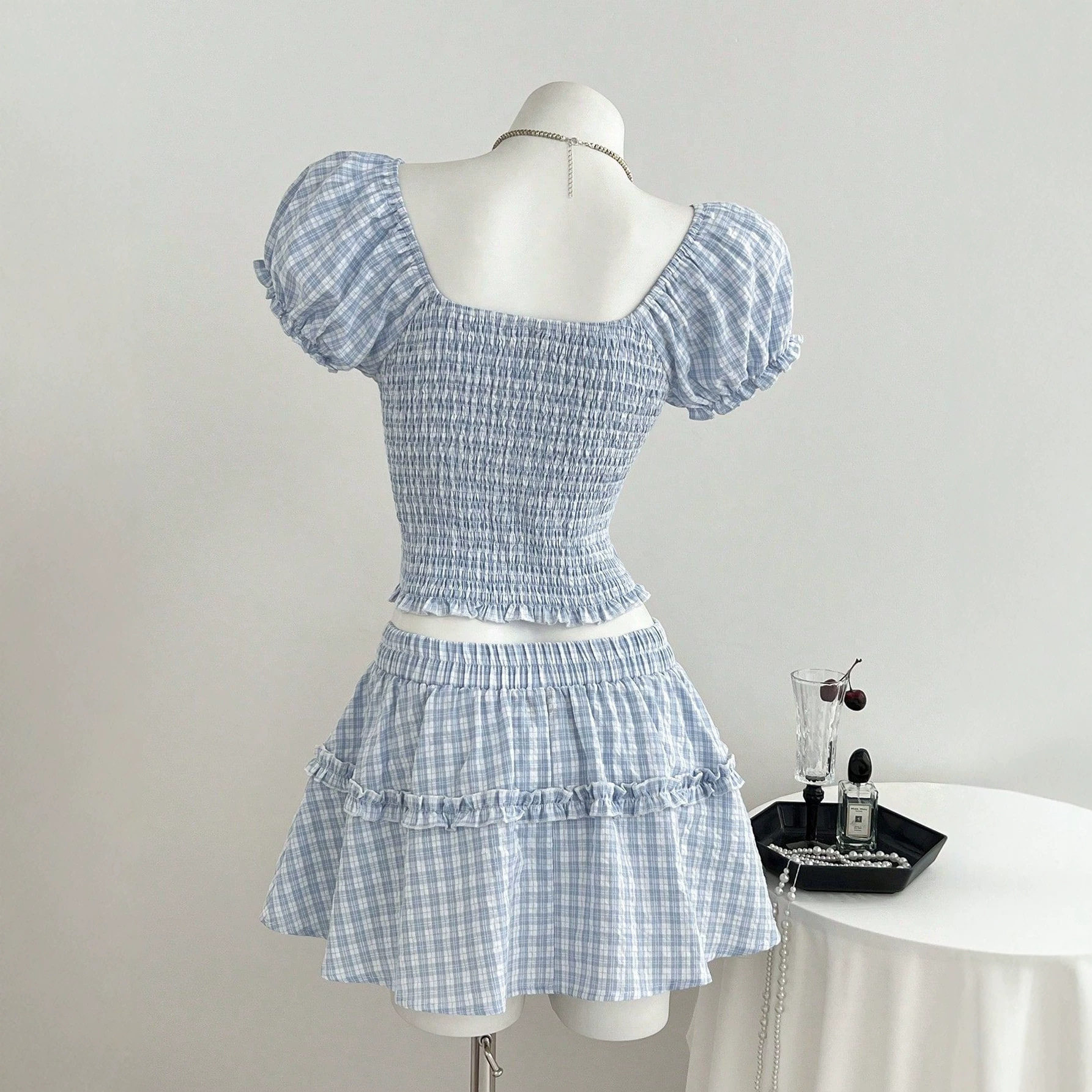 Summer Womens Plaid Puff Sleeve Shirt and A Line Skirt Set Casual Style Lightweight Fabric Perfect for Warm Weather