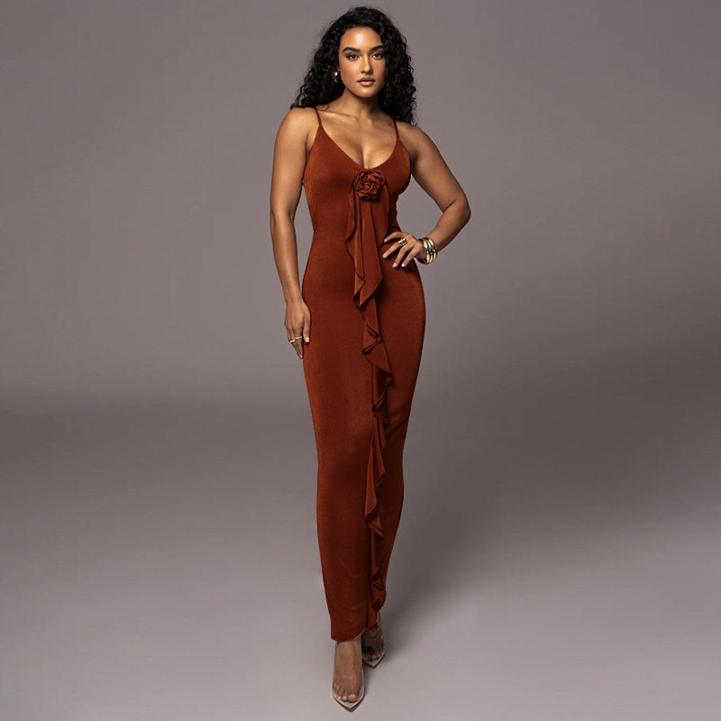 Fashionable Slim Fit Solid Color Ruffled Hem High Waist Maxi Dress for Women Elegant Sleeveless Design Perfect for