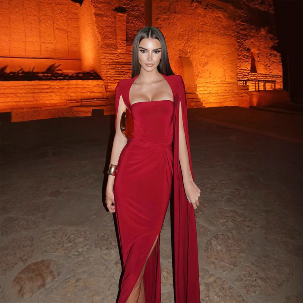 Elegant Long Dress Square Neck Water Sleeve Waist Cinching Solid Color Sexy Design Perfect for Red Carpet Events