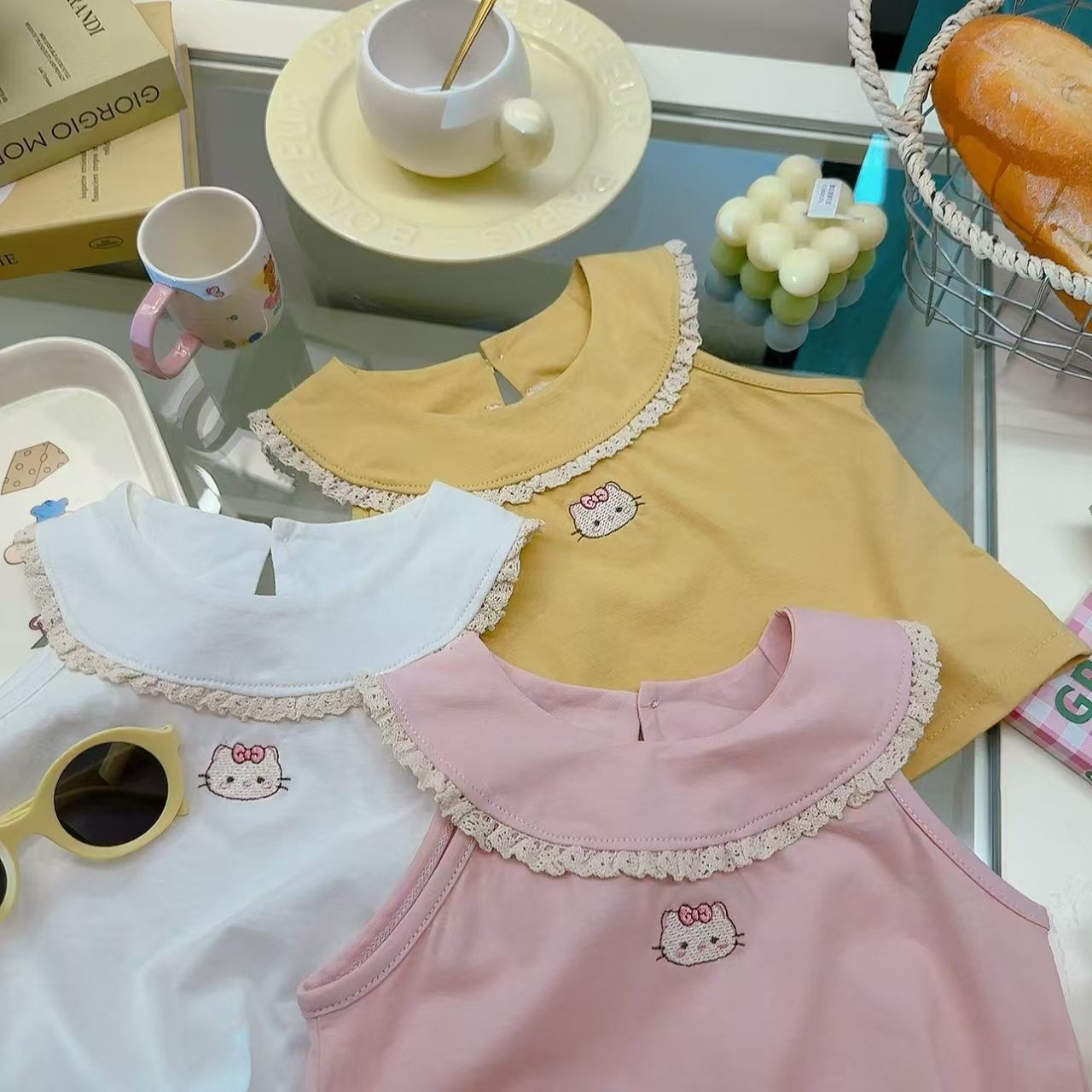 Atasan tanpa lengan super lucu viral serbaguna stylish manis anak perempuan musim panas, tank top bordir 100% katun