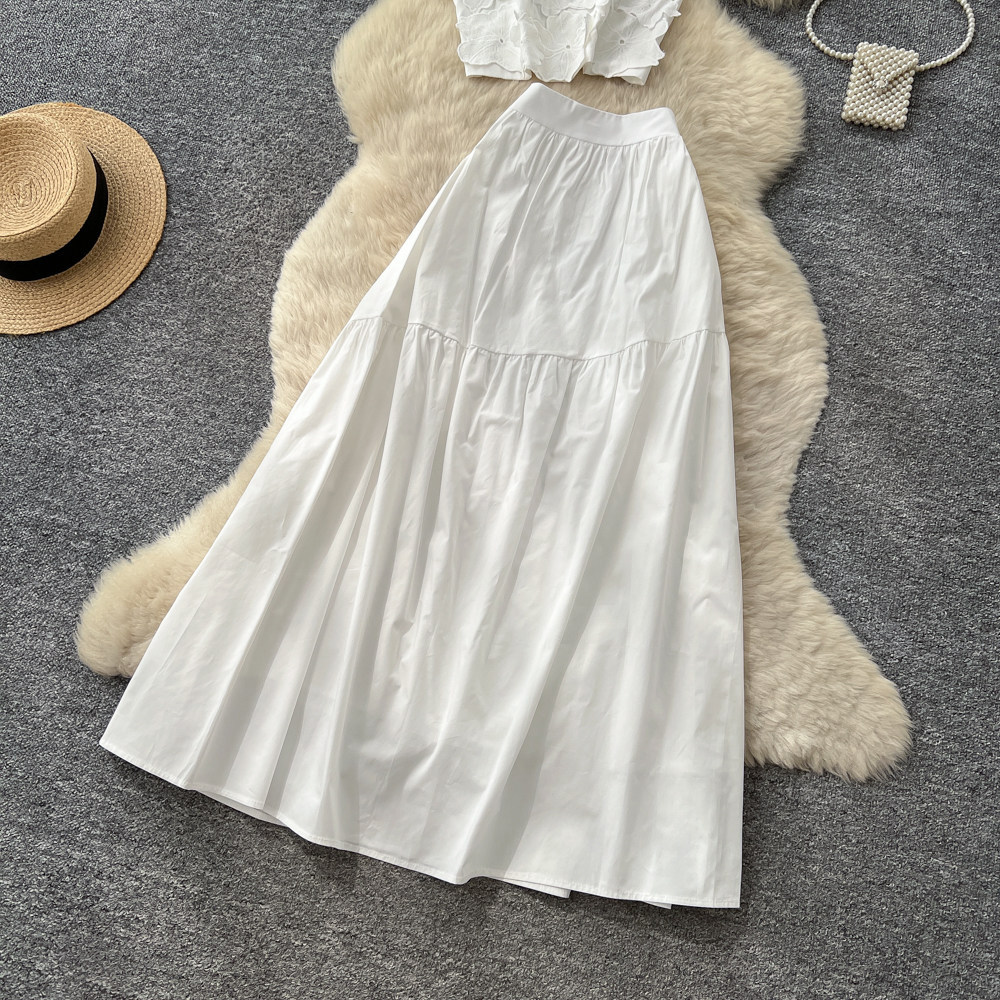 French Sweet Style Blue Vest and High Waisted Cake Skirt Two Piece Set for Women Summer Office Wear Slim Fit Elegant