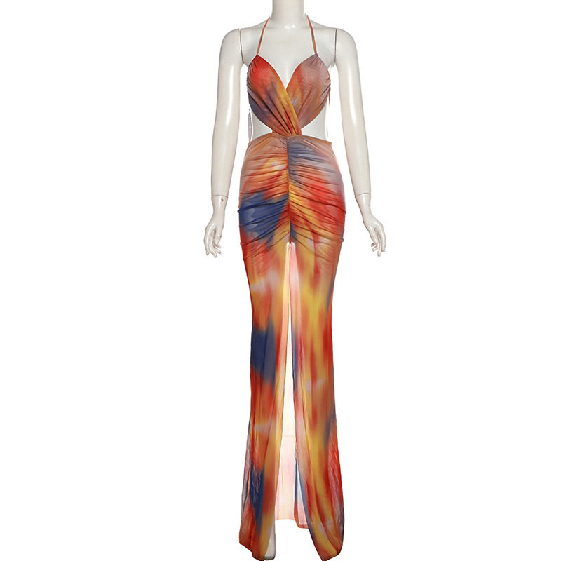 Summer Womens Dress Sexy Halter Neck Backless Design Floral Print Mesh Panel Casual Party Wear OEM Available