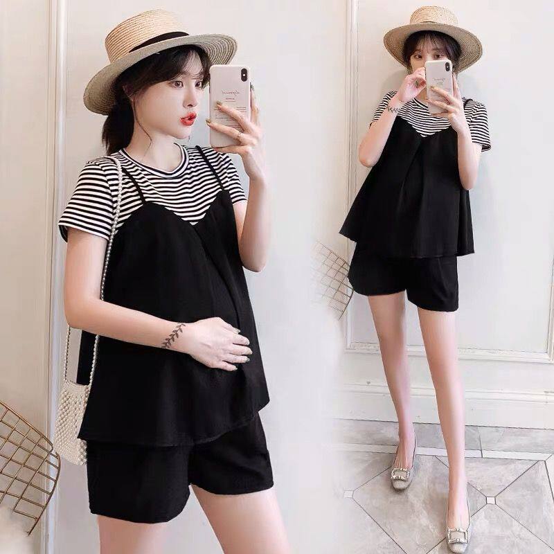 Pregnant Women's Summer suit Fashion Fake Two-piece Striped Patchwork Top Belly Shorts Outgoing Clothes Two-piece Set