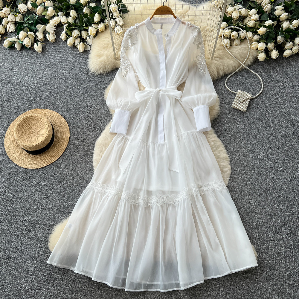 French Style Lantern Sleeve Embroidered Dress Beaded Waist Tie A Line Silhouette Elegant for Spring Wholesale