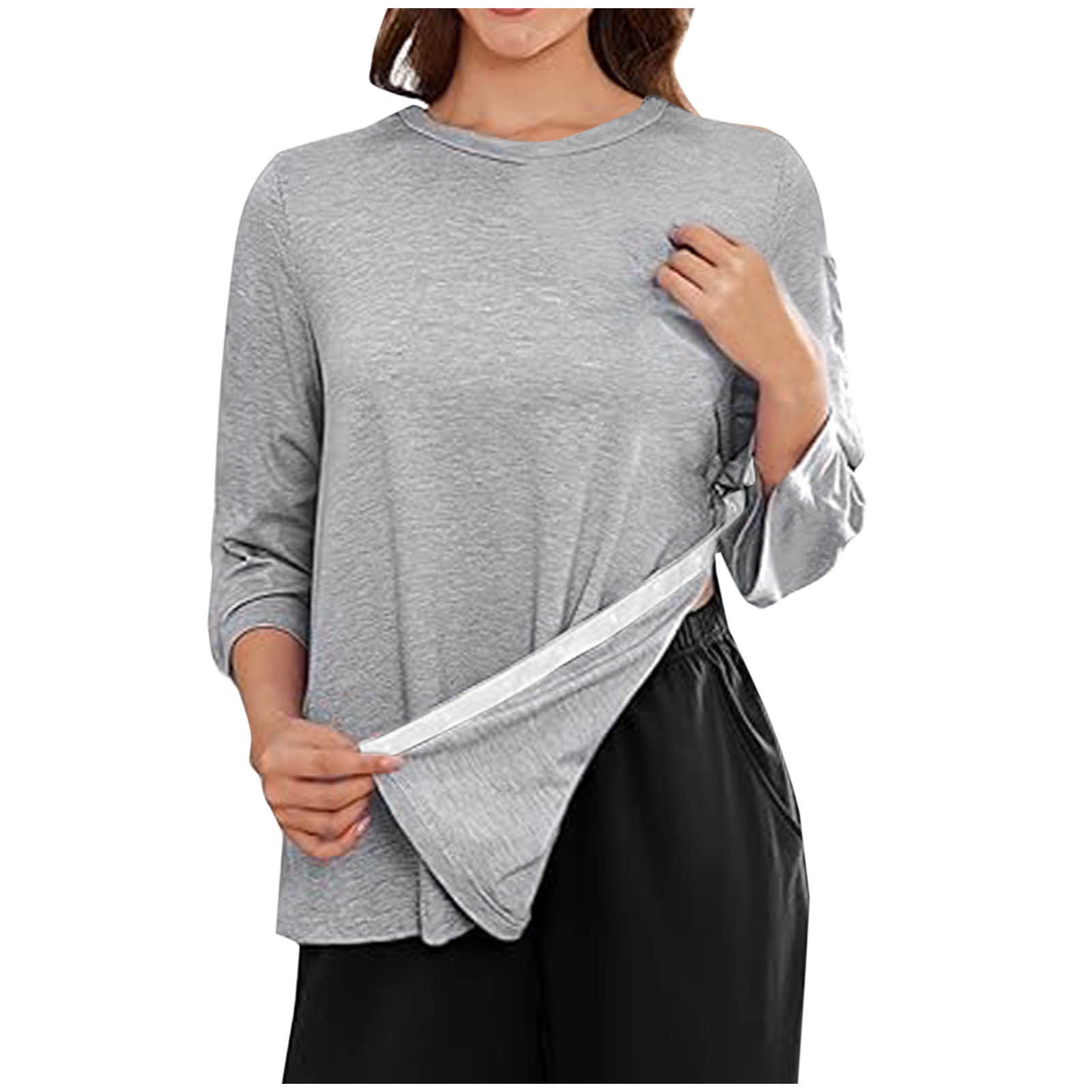 欧美亚马逊女式T恤侧缝长袖调节扣圆领休闲宽松上衣