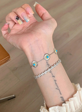 复古vintage仿绿松石银色雏菊拉丝手链女精致轻奢级感显白手饰
