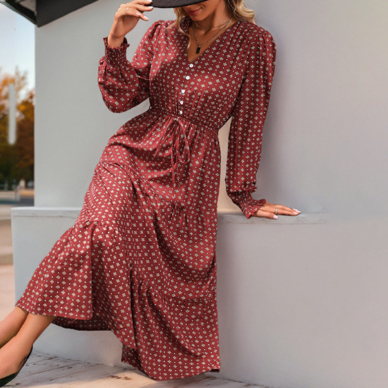 Long Sleeve Printed Maxi Dress Fashionable Design Autumn Style Comfortable Fit Wholesale Available