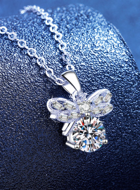 s925纯银莫桑石项链时尚气质简约蝴蝶结吊坠韩系小众设计项链