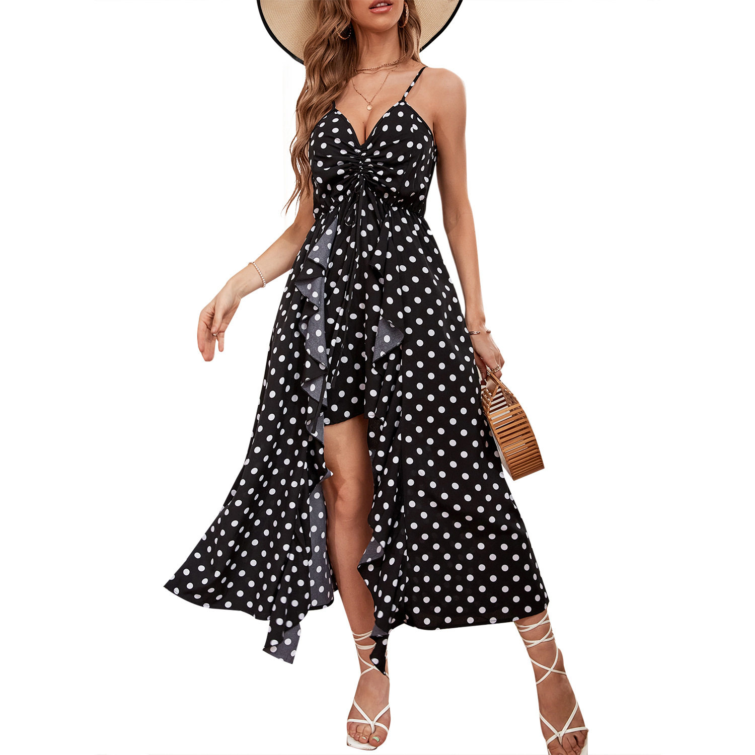 Polka Dot Strapless Asymmetrical Ruffle Dress Womens Fashion Trendy Style Summer Occasion Wholesale Available